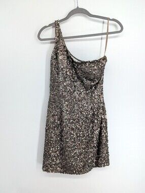 Scala One Shoulder Silk Mini Dress Sequins Cocktail Party Pewter Bronze Size 6